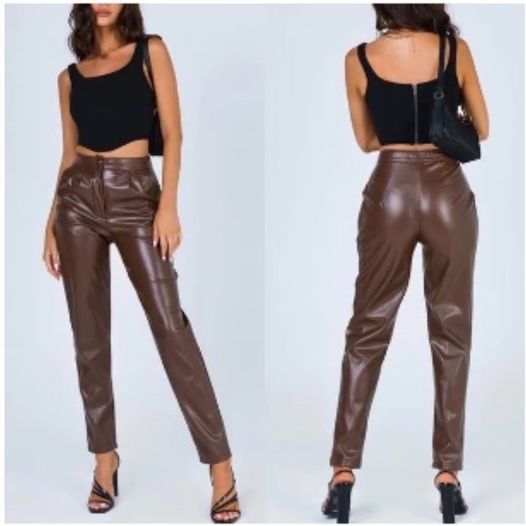 Princess Polly Like New Love Club Vegan Leather Straight Leg Pants in Brown 4 - Picture 1 of 9